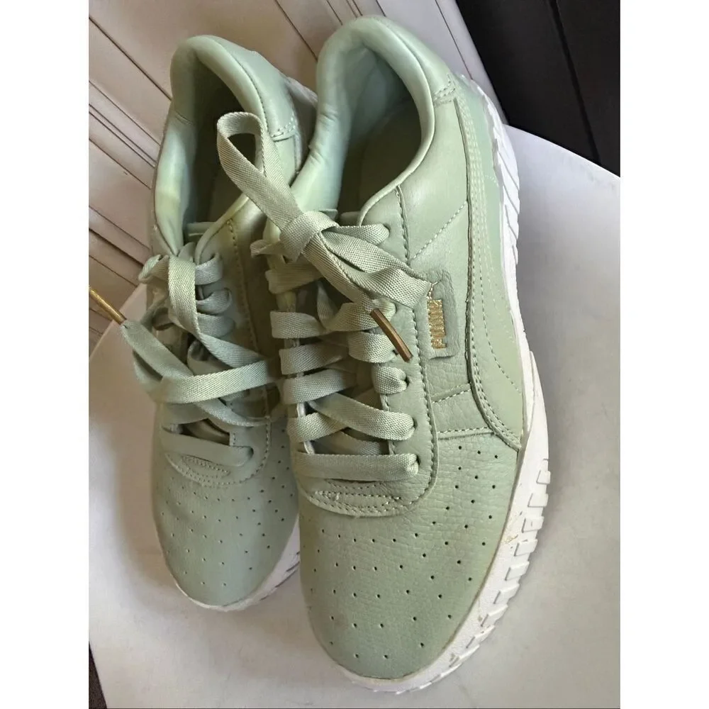 PUMA Women's Cali Emboss Leather Street Sneakers Shoes Smoke Green Size 9